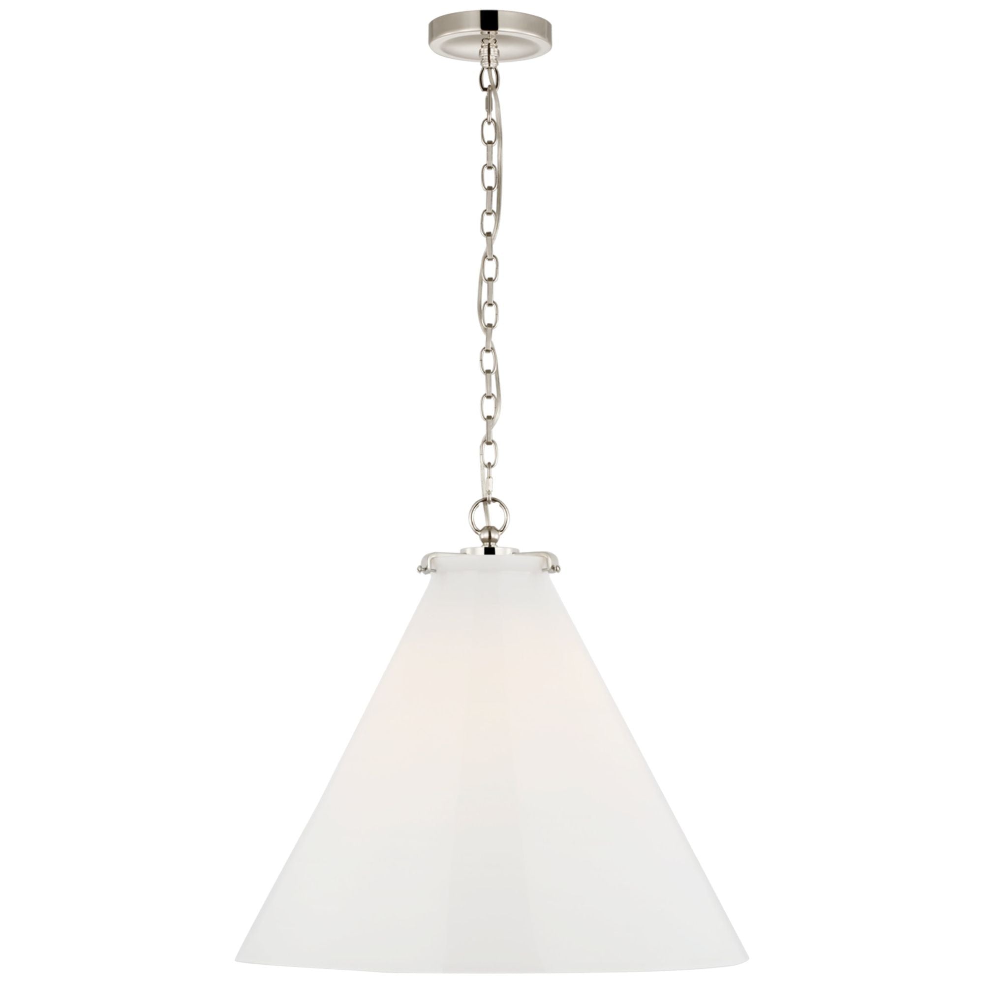 Thomas O'Brien Katie Large Conical Pendant in Polished Nickel with White Glass Ceiling Light W20" x H18.25"