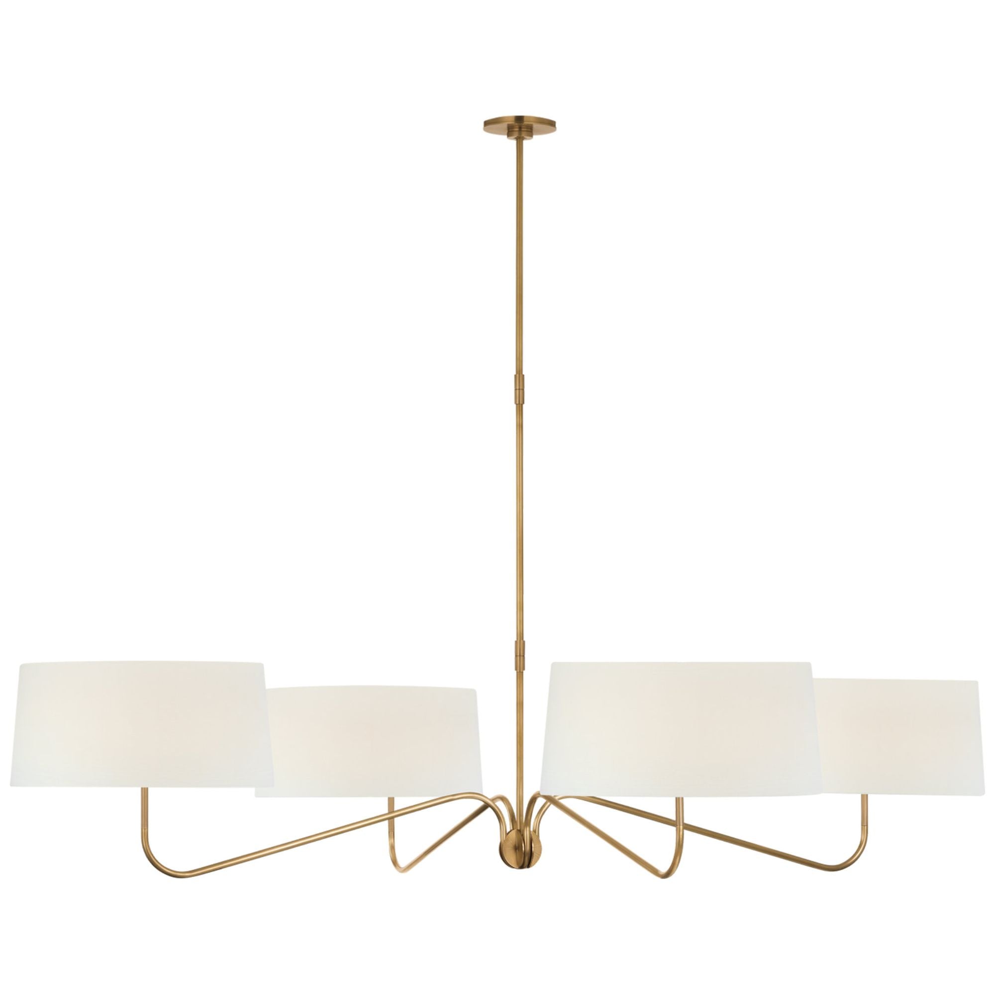 Thomas O'Brien Canto Grande Four Arm Chandelier in Hand-Rubbed Antique Brass with Linen Shades Ceiling Light W68"