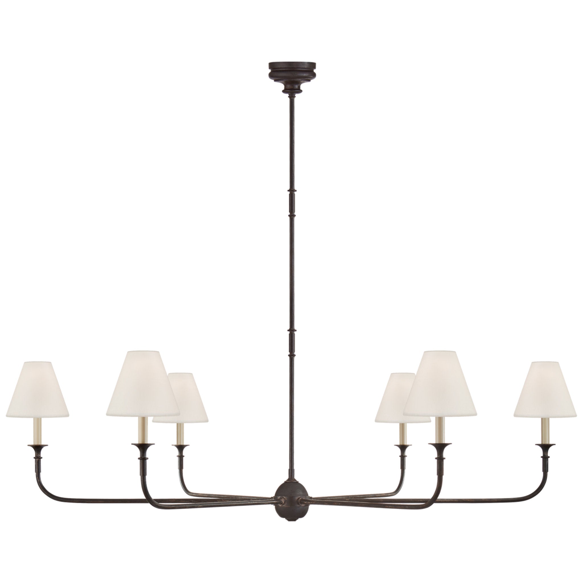 Thomas O'Brien Piaf Grande Chandelier in Aged Iron and Ebonized Oak with Linen Shades Ceiling Light W58"