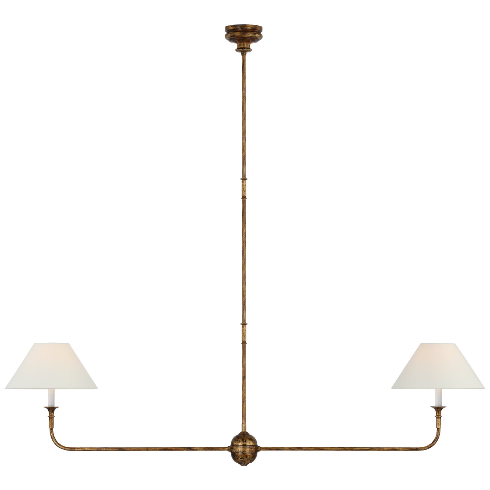 Thomas O'Brien Piaf Large Two Light Linear Pendant in Antique Gild with Linen Shades Ceiling Light W62" x 12"