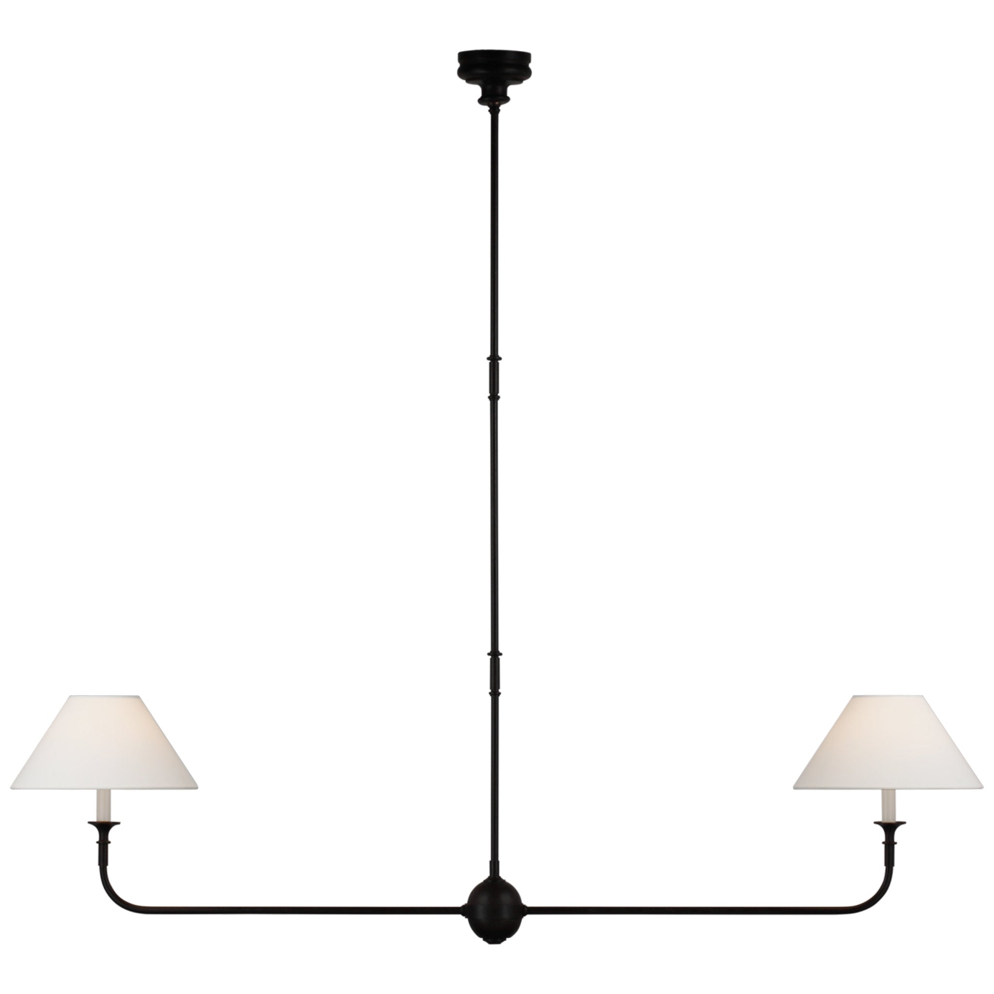Thomas O'Brien Piaf Large Two Light Linear Pendant in Aged Iron and Ebonized Oak with Linen Shades Ceiling Light W62" x 12"