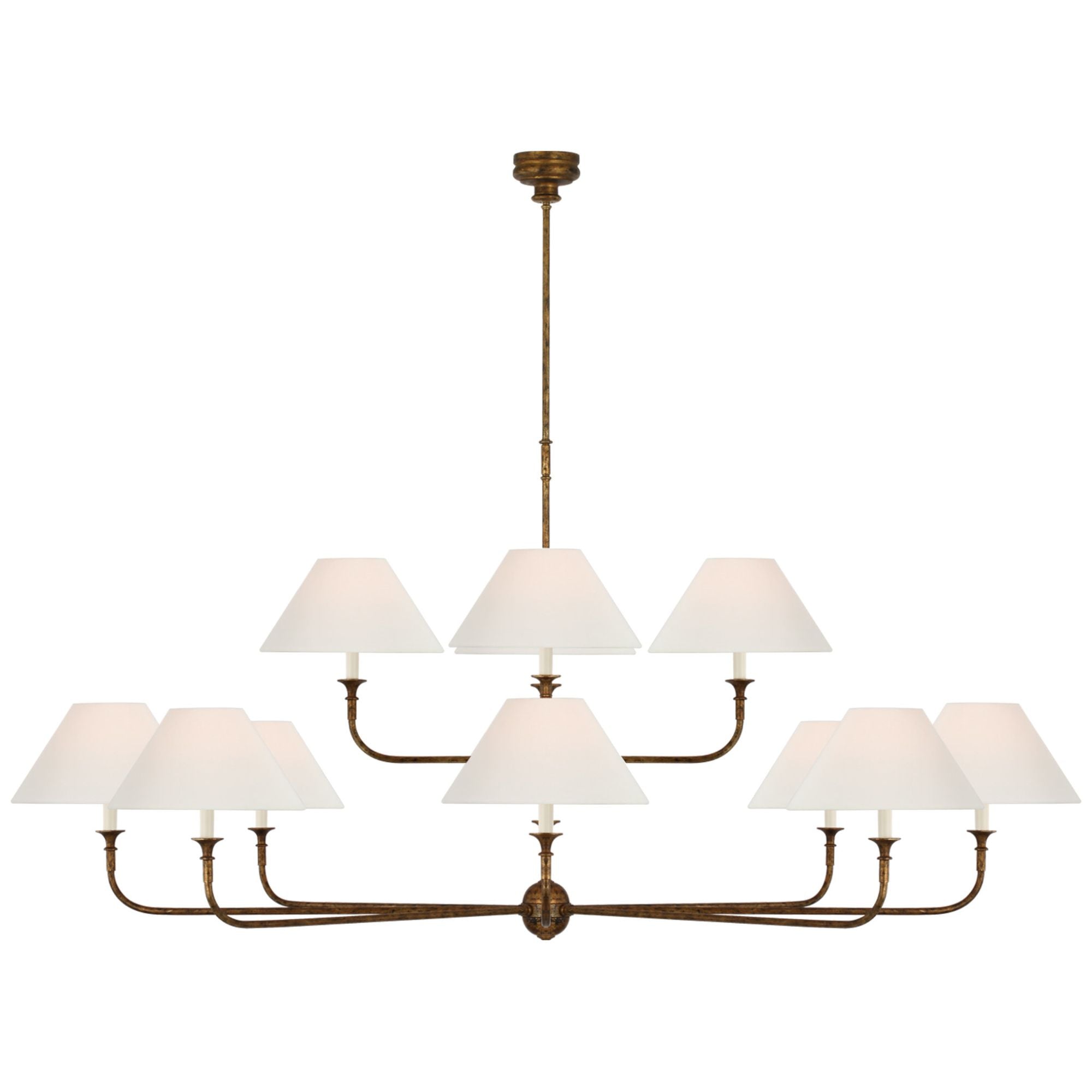 Thomas O'Brien Piaf Oversized Two Tier Chandelier in Antique Gild with Linen Shades Ceiling Light W72"