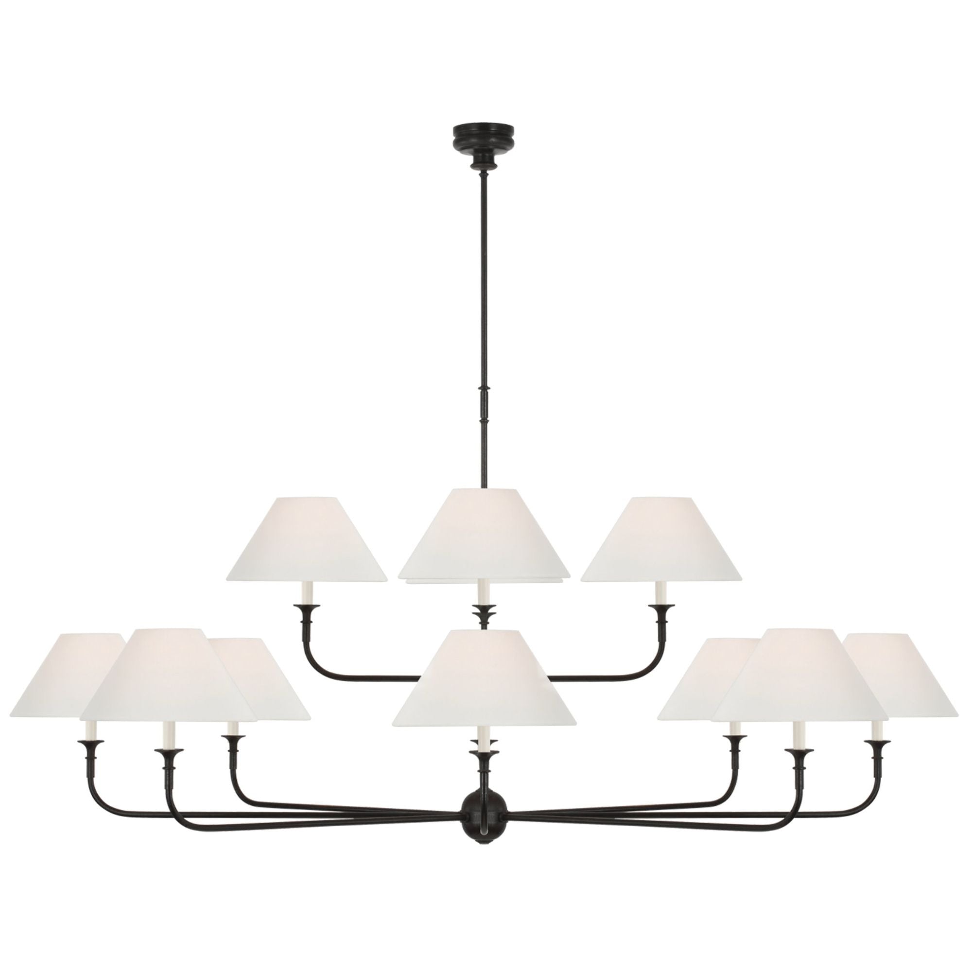 Thomas O'Brien Piaf Oversized Two Tier Chandelier in Aged Iron and Ebonized Oak with Linen Shades Ceiling Light W72"