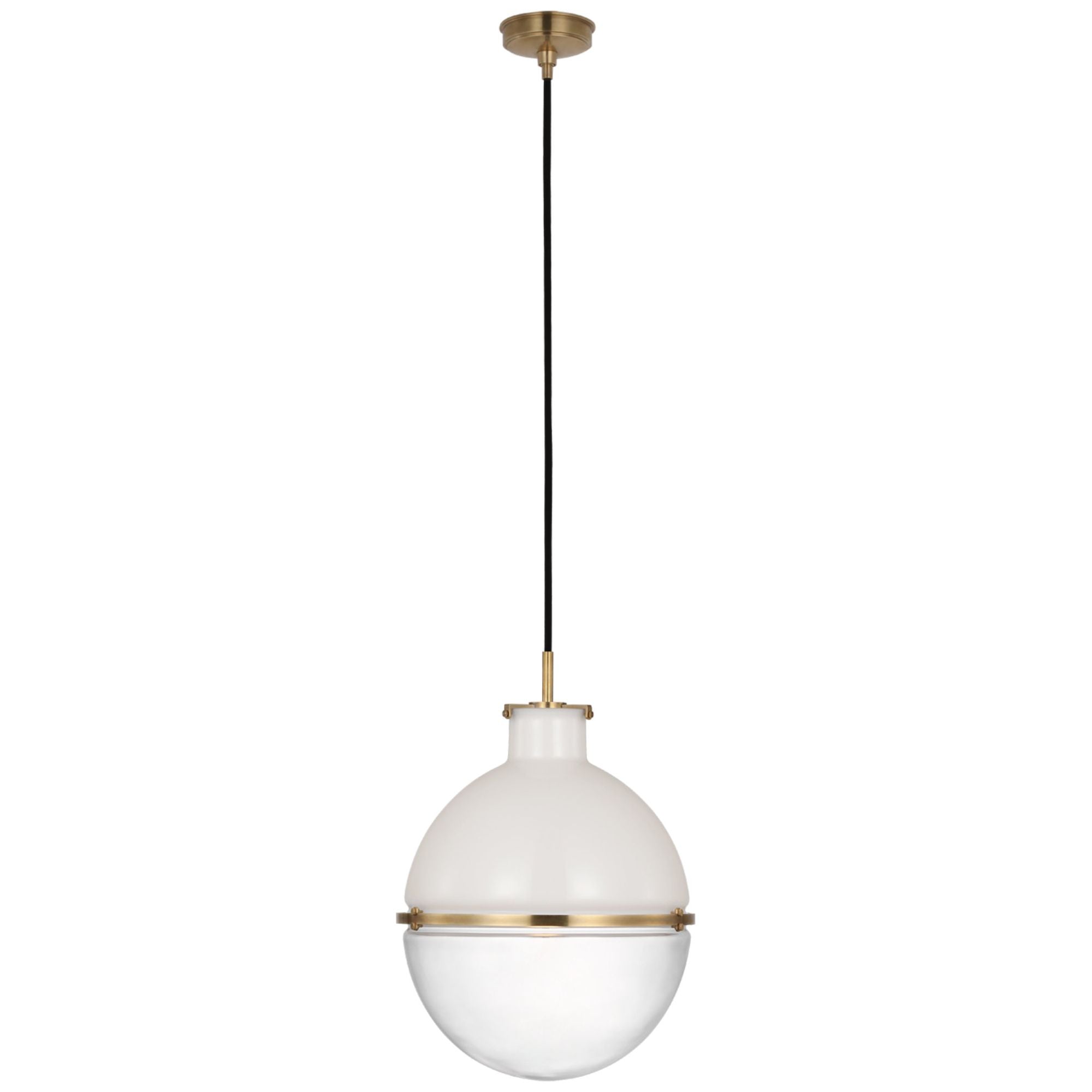 Thomas O'Brien Maxey 14" Globe Pendant in Hand-Rubbed Antique Brass with White Glass and Clear Glass Ceiling Light W13.5"