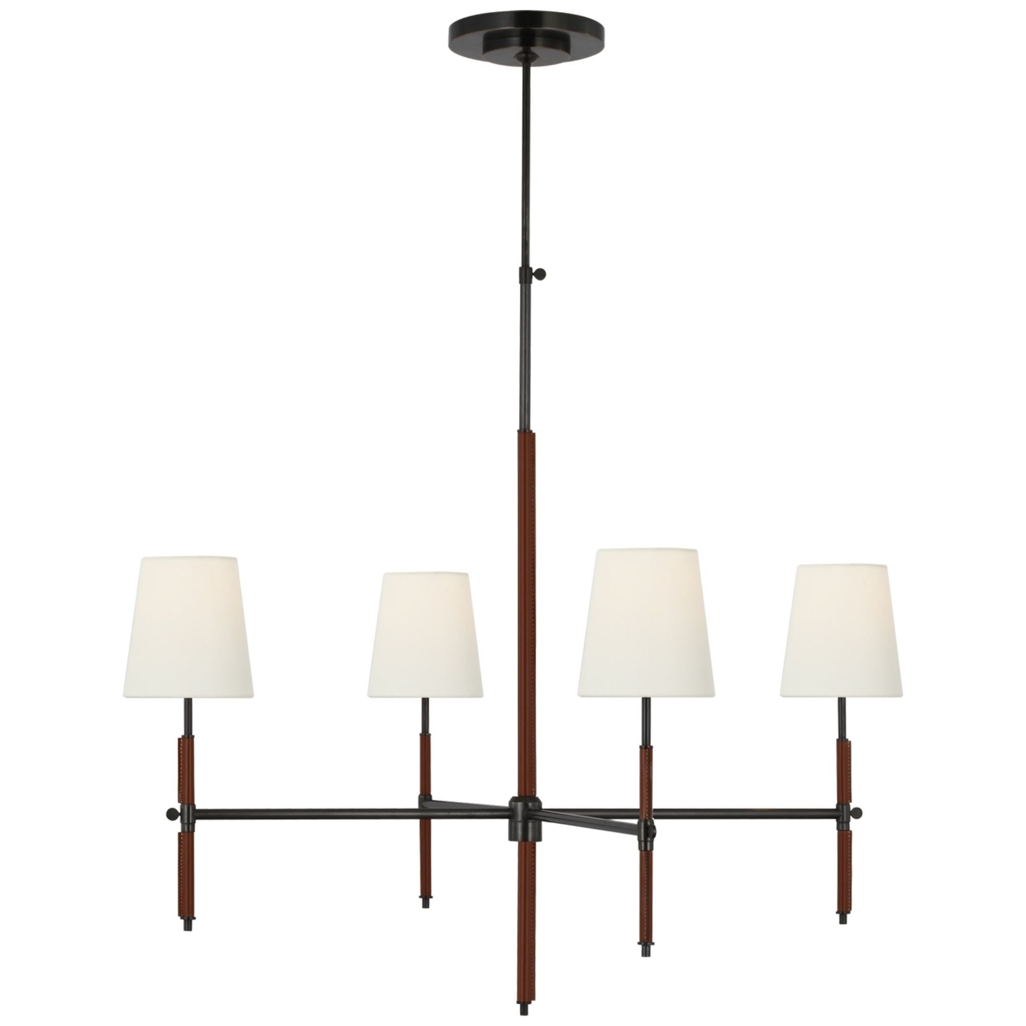 Thomas O'Brien Bryant Large Wrapped Chandelier in Bronze and Saddle Leather with Linen Shades Ceiling Light W36"