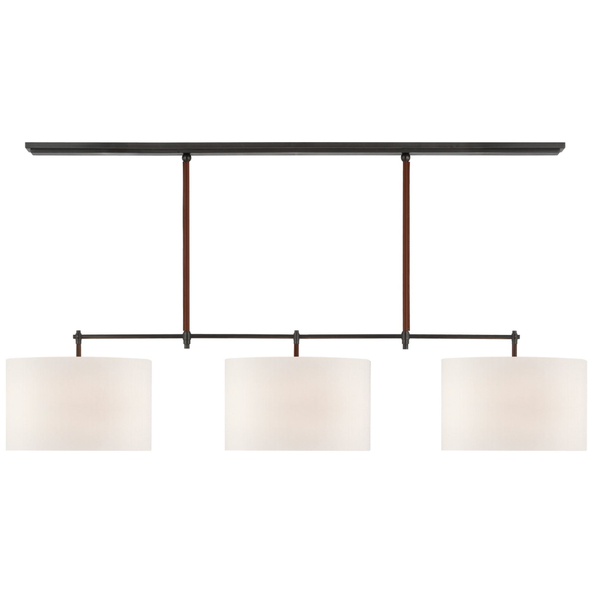 Thomas O'Brien Bryant Large Wrapped Billiard in Bronze and Saddle Leather with Linen Shades Ceiling Light W64.25" x 16"