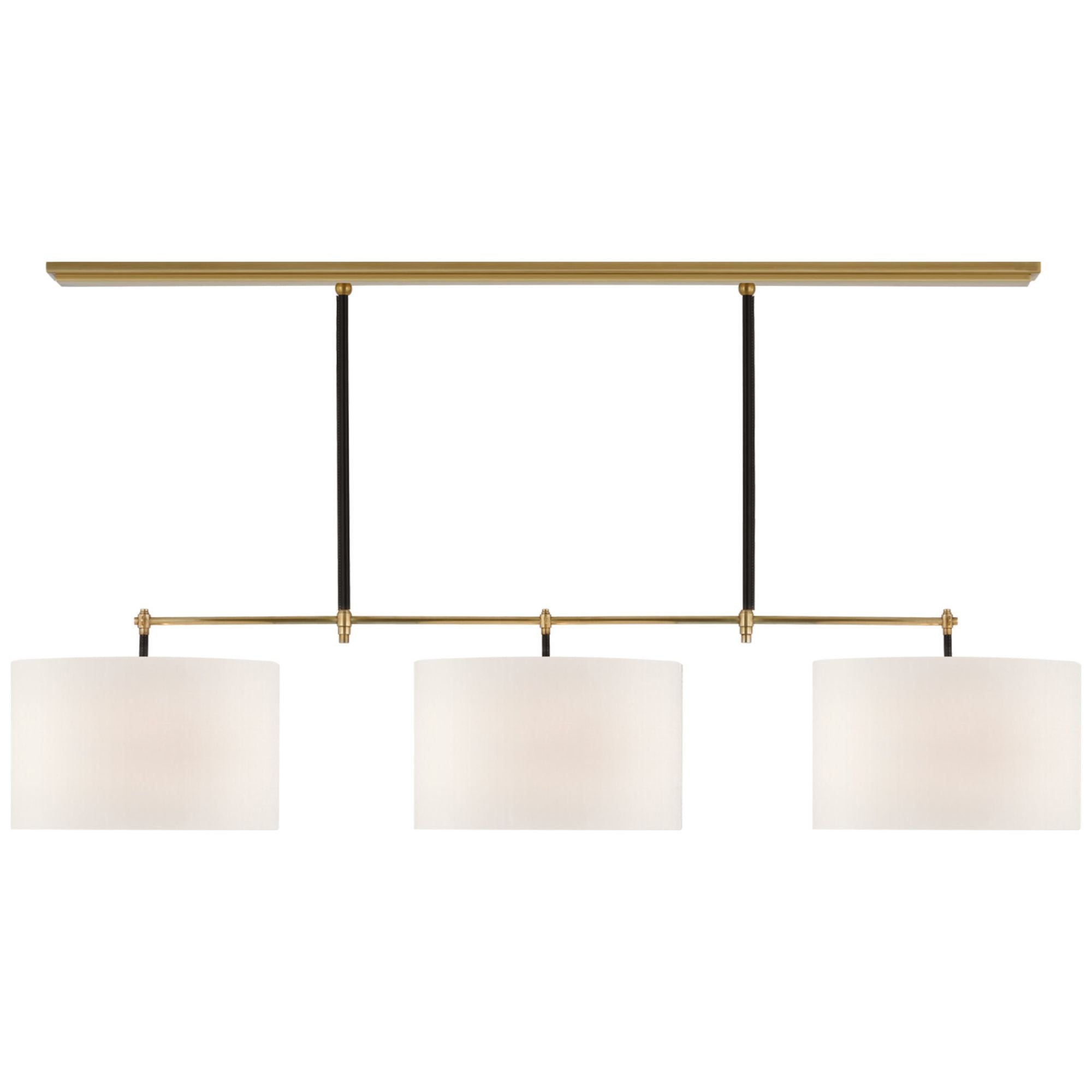 Thomas O'Brien Bryant Large Wrapped Billiard in Hand-Rubbed Antique Brass and Chocolate Leather with Linen Shades Ceiling Light W64.25" x 16"