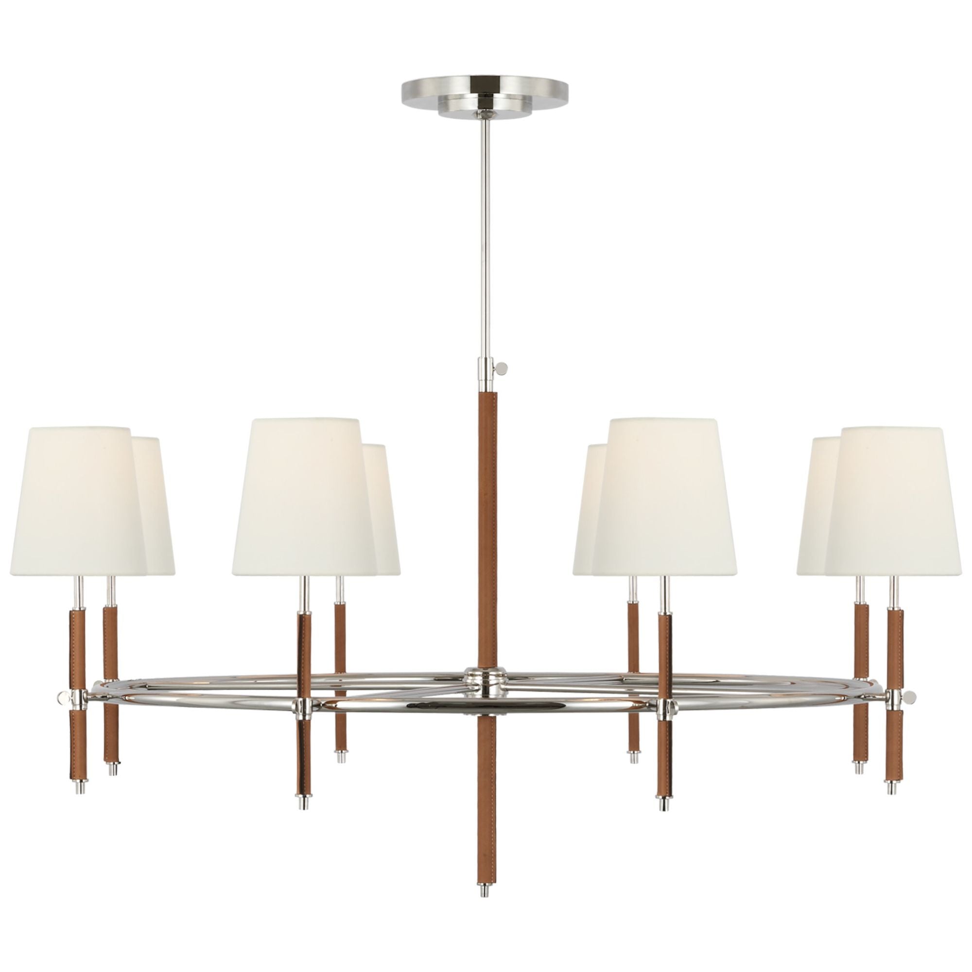 Thomas O'Brien Bryant Wrapped Ring Chandelier in Polished Nickel and Natural Leather with Linen Shades Ceiling Light W41"