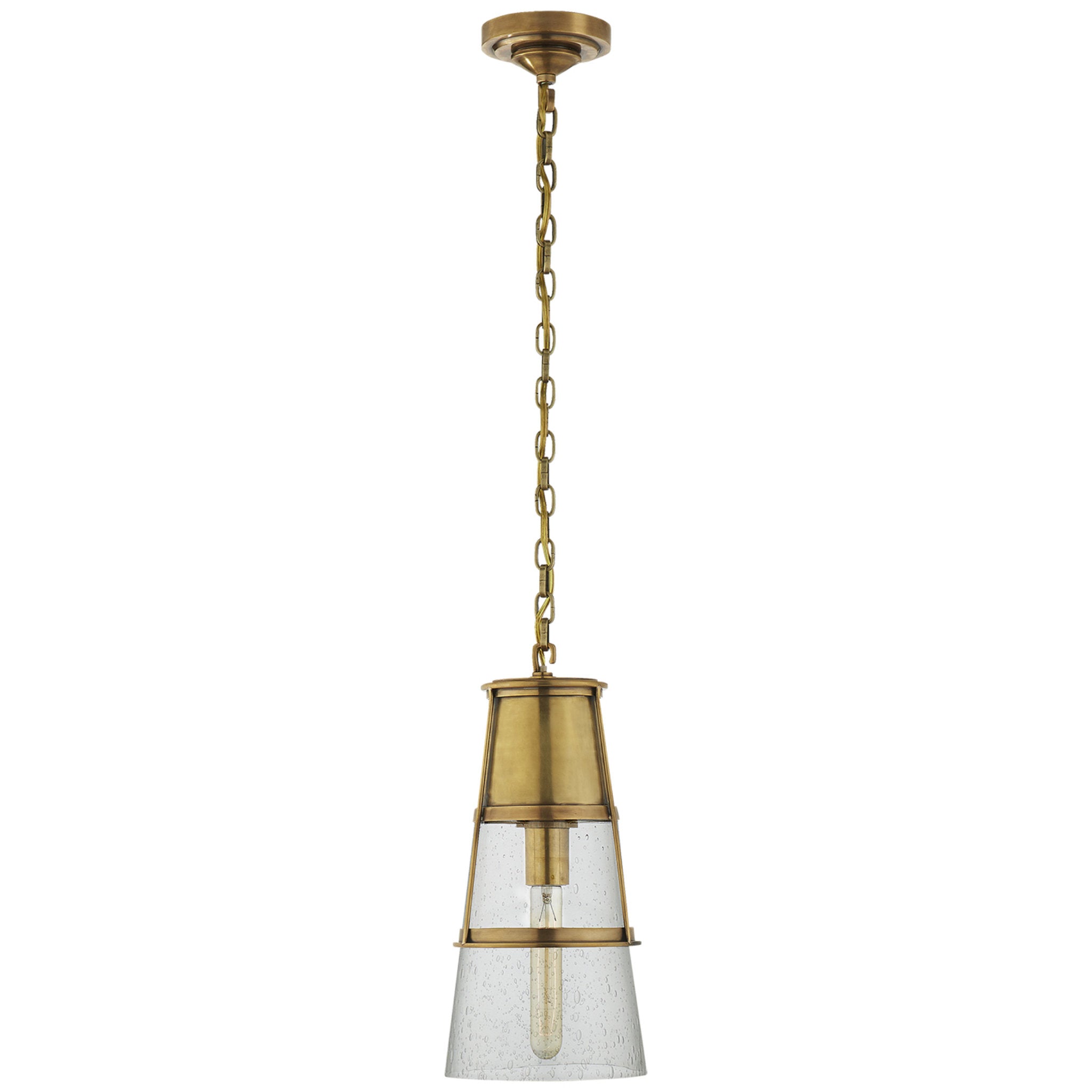 Thomas O'Brien Robinson Medium Pendant in Hand-Rubbed Antique Brass with Seeded Glass Ceiling Light W7.5" x H15"