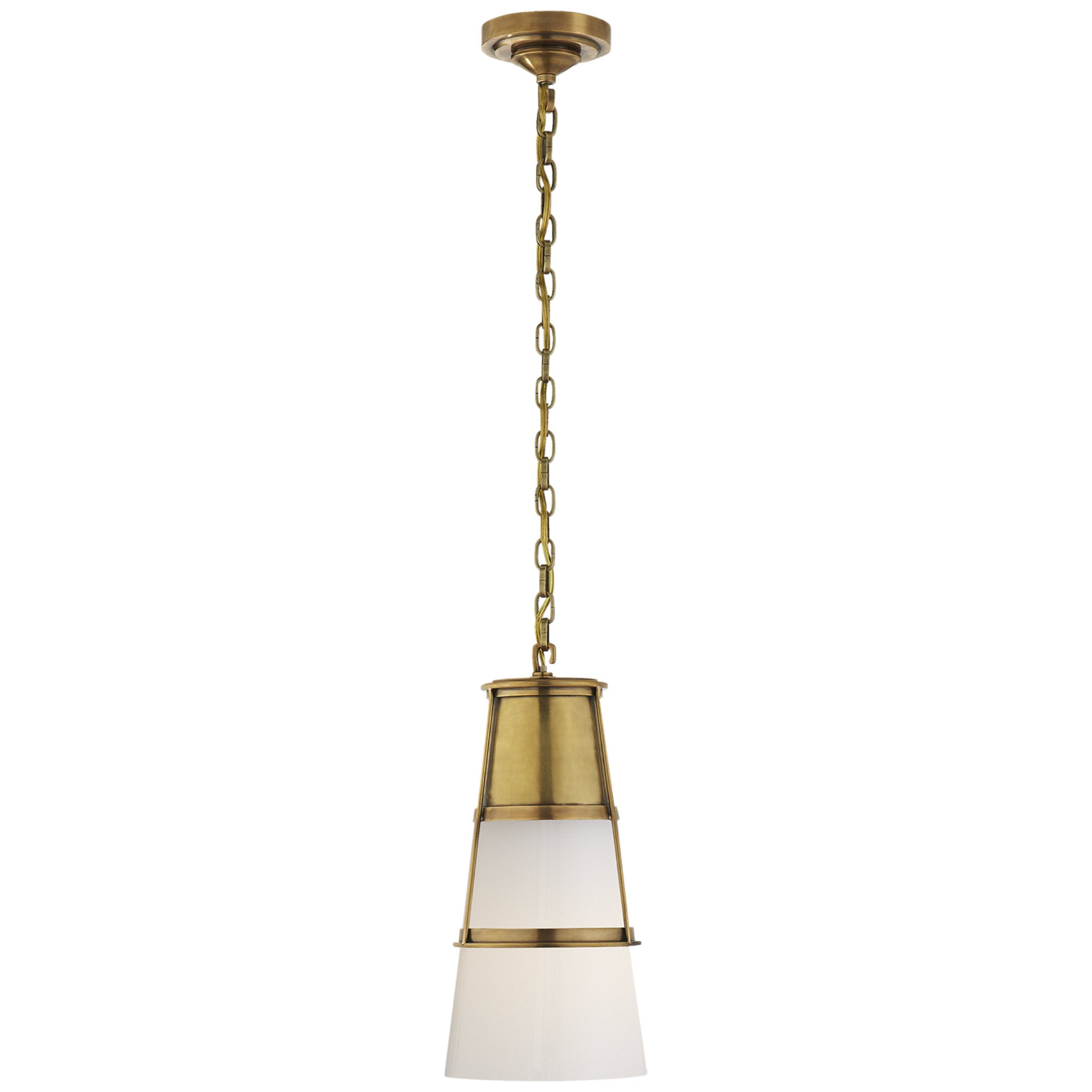 Thomas O'Brien Robinson Medium Pendant in Hand-Rubbed Antique Brass with White Glass Ceiling Light W7.5" x H15"