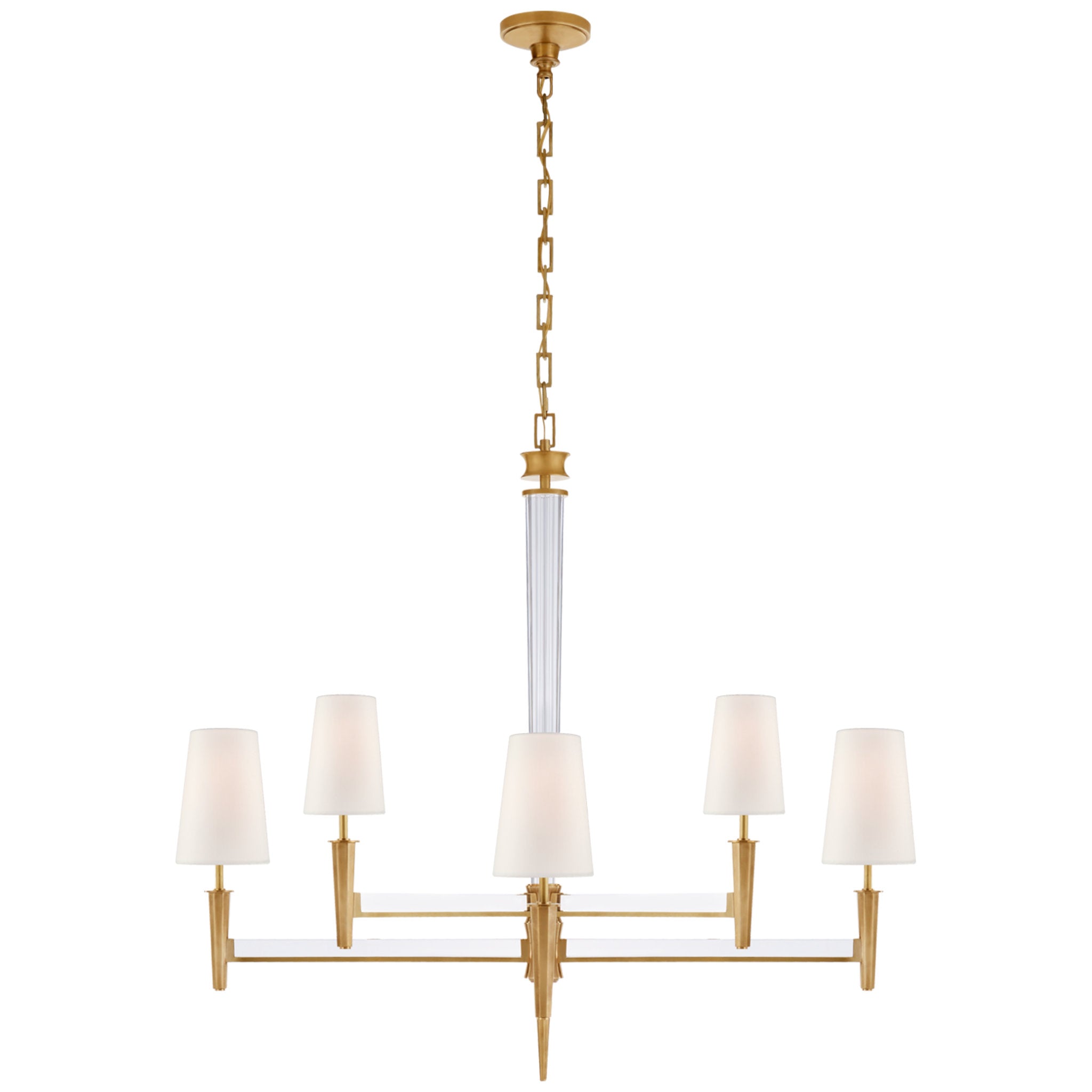 Thomas O'Brien Lyra Two Tier Chandelier in Hand-Rubbed Antique Brass and Crystal with Linen Shades Ceiling Light W42.5" x H39"