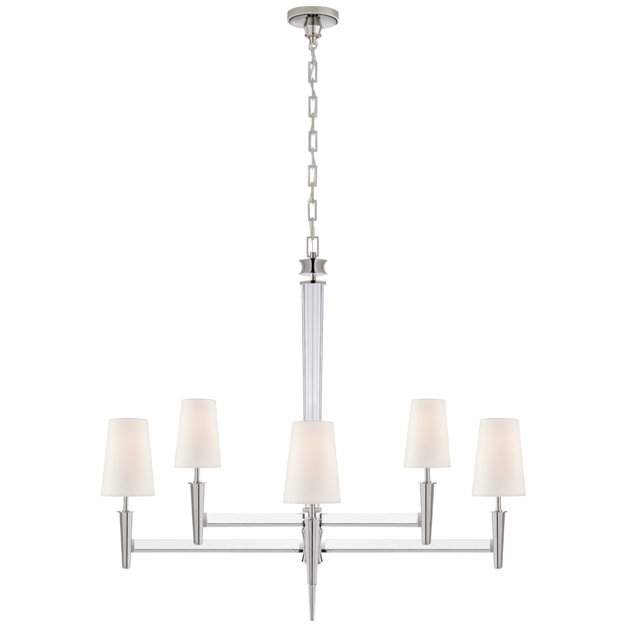 Thomas O'Brien Lyra Two Tier Chandelier in Polished Nickel and Crystal with Linen Shades Ceiling Light W42.5" x H39"