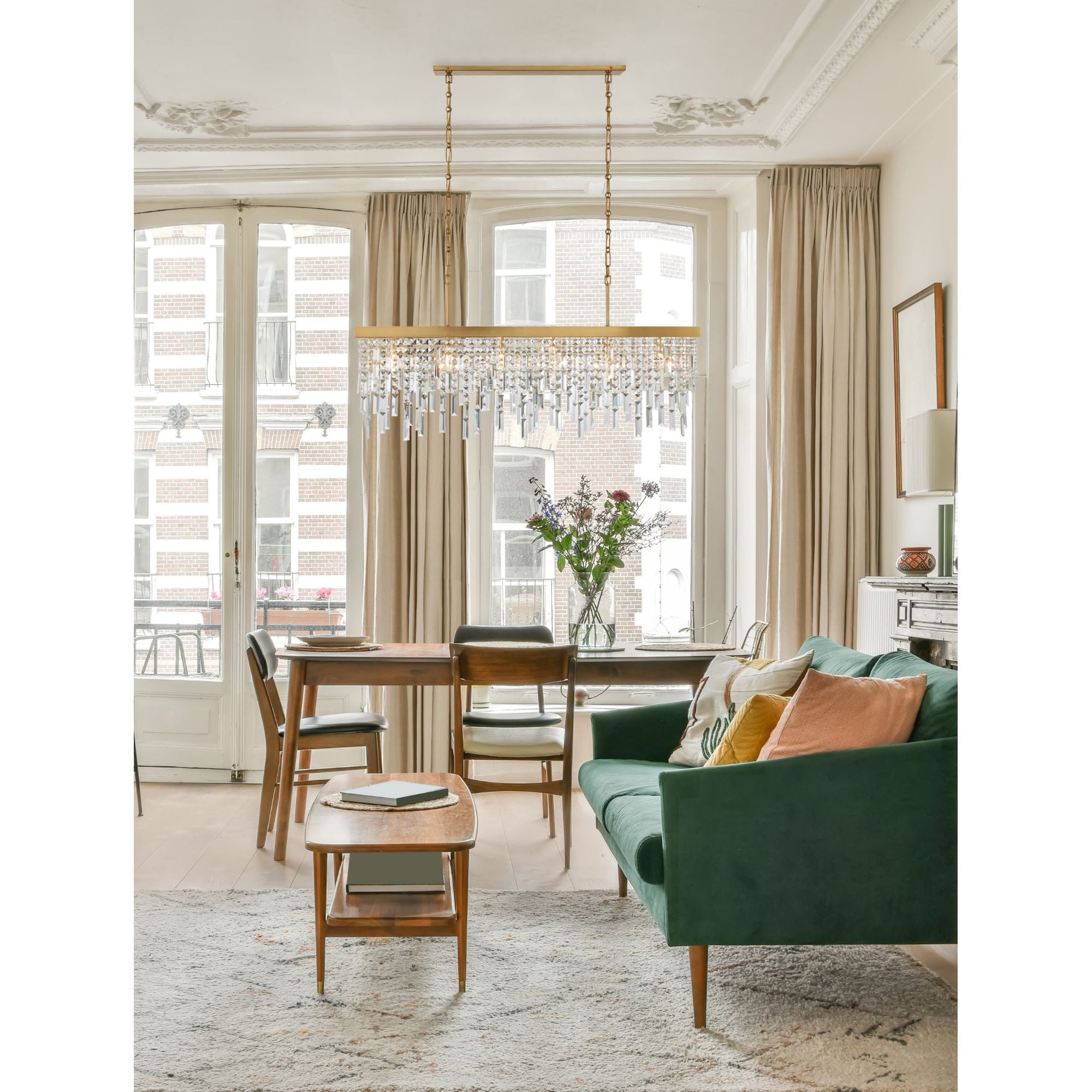 Winfield 6 Light Antique Gold Linear Chandelier Hand Cut Crystal 49"W x 24.5"H x 9"D