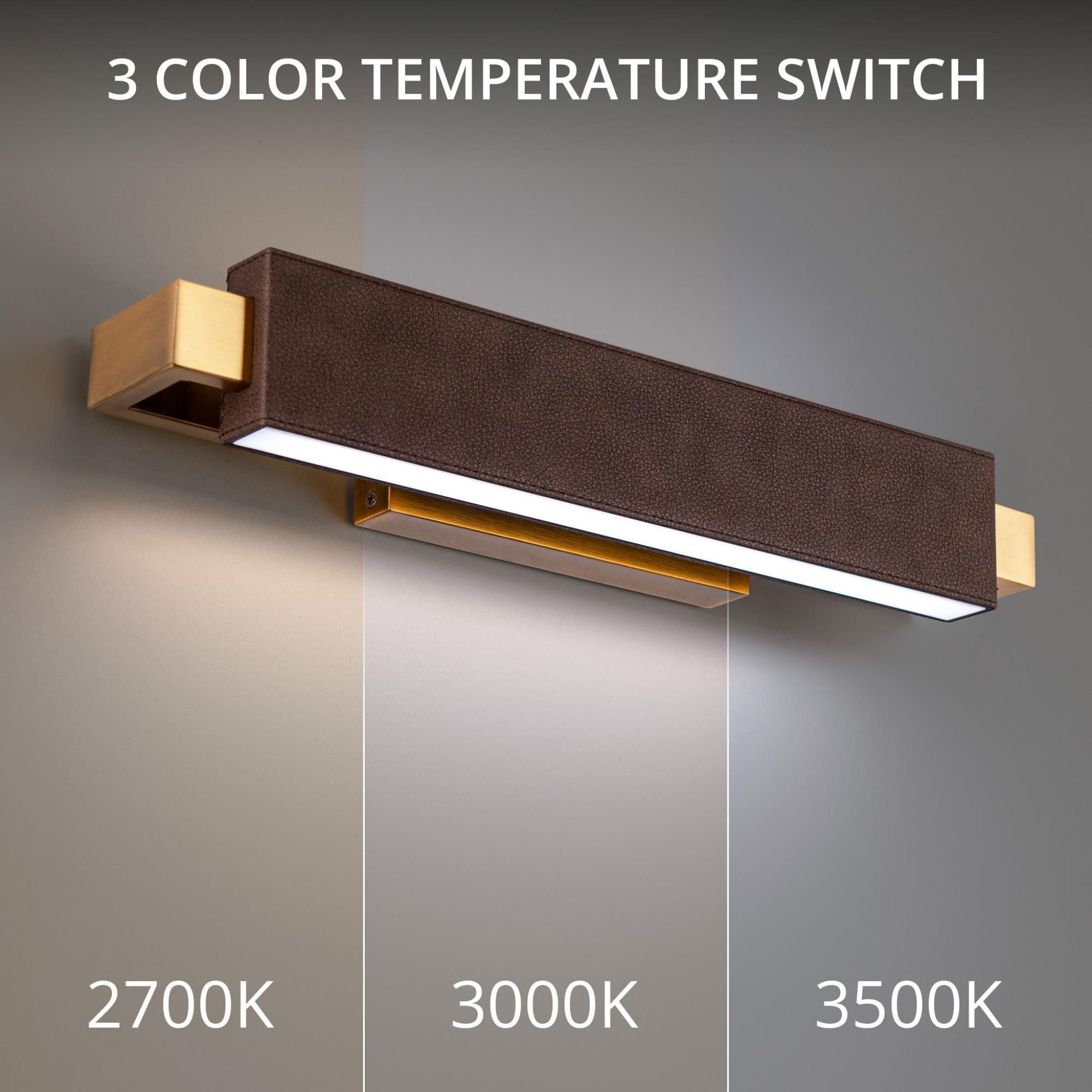 Kinsman 19in LED Bathroom Vanity or Wall Light 3-CCT 2700K-3000K-3500K in Bomber Brown Leather with Aged Brass Hardware