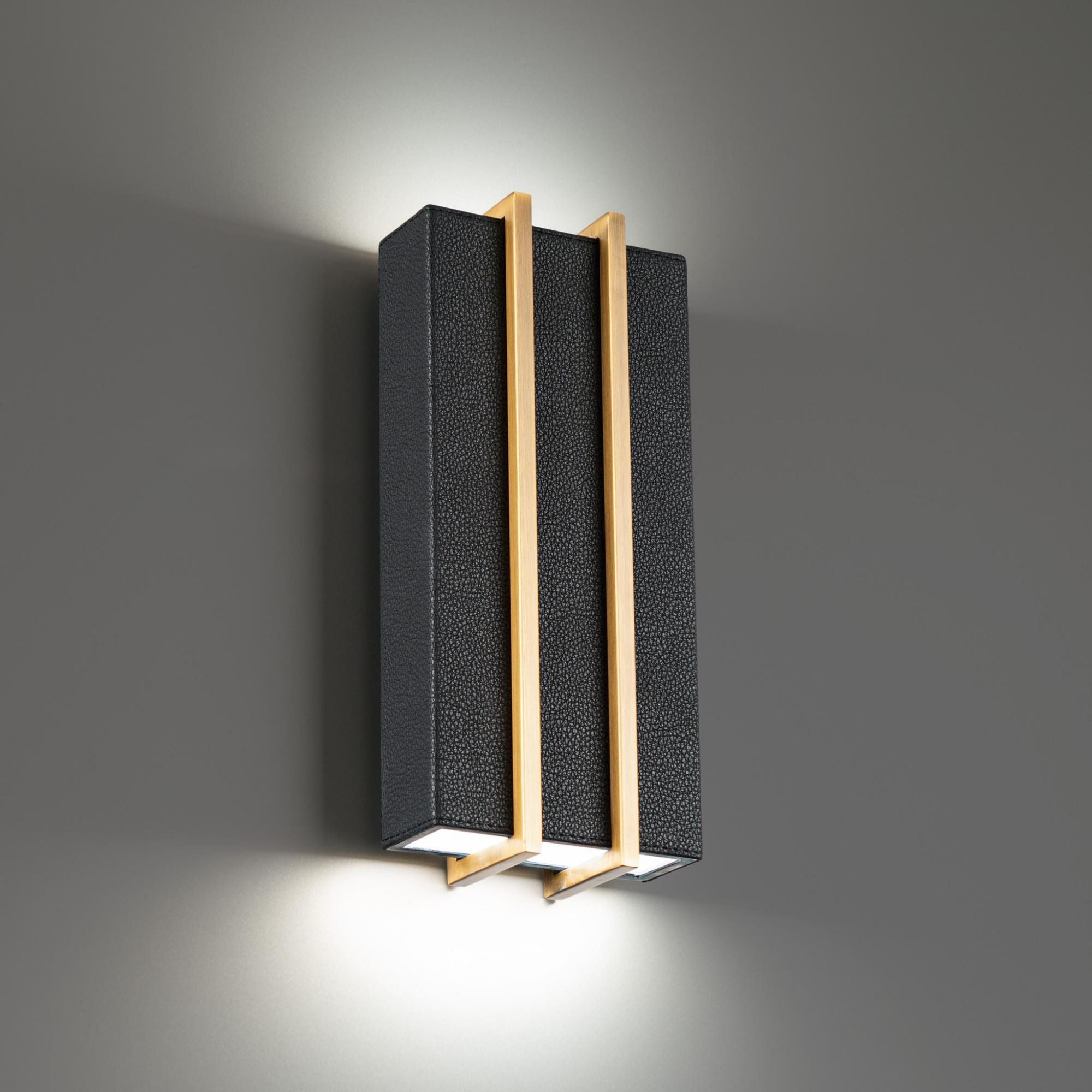 Poet 12in LED Wall Light 3000K with Pebble Grain Black Leather and Aged Brass Hardware