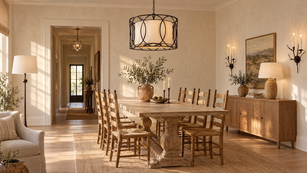 Modern European dining room with a Troy Sausalito textured iron chandelier over an oak table, Chapman & Myers aged iron branch sconces, a Moravian star lantern in the hall and an AERIN Dover iron floor lamp