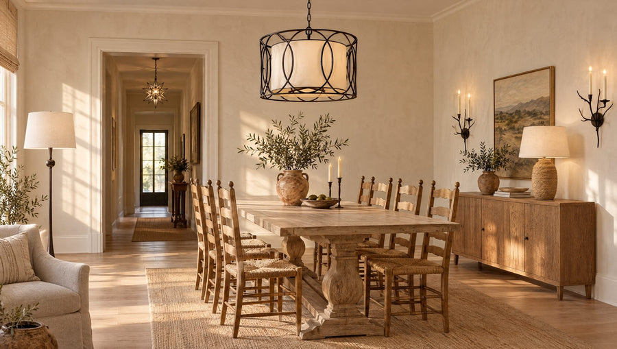 Modern European dining room with a Troy Sausalito textured iron chandelier over an oak table, Chapman & Myers aged iron branch sconces, a Moravian star lantern in the hall and an AERIN Dover iron floor lamp