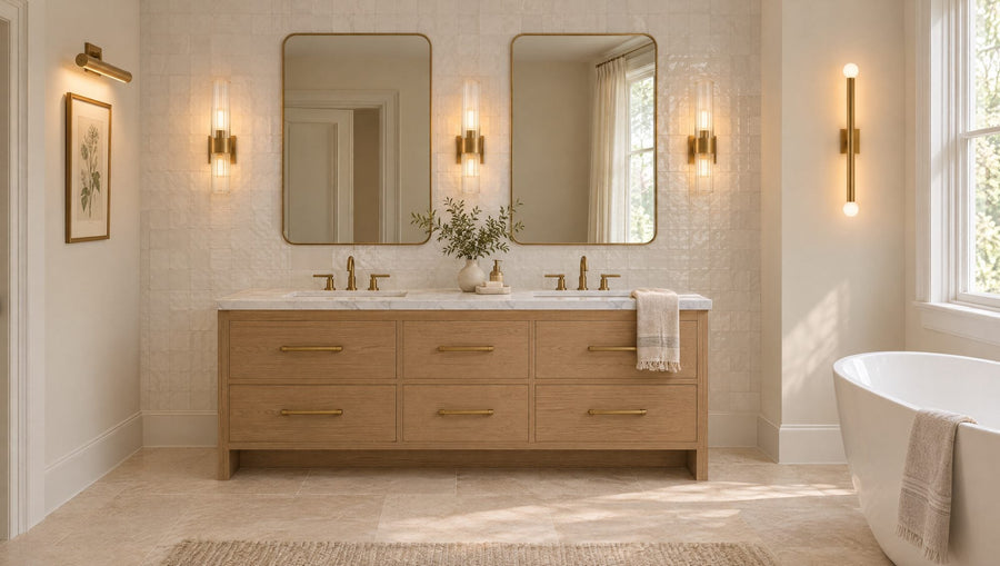 Primary bathroom with a white oak double vanity, three burnished brass sconces flanking two mirrors, a brass sconce beside a freestanding tub, and a brass picture light over a botanical print