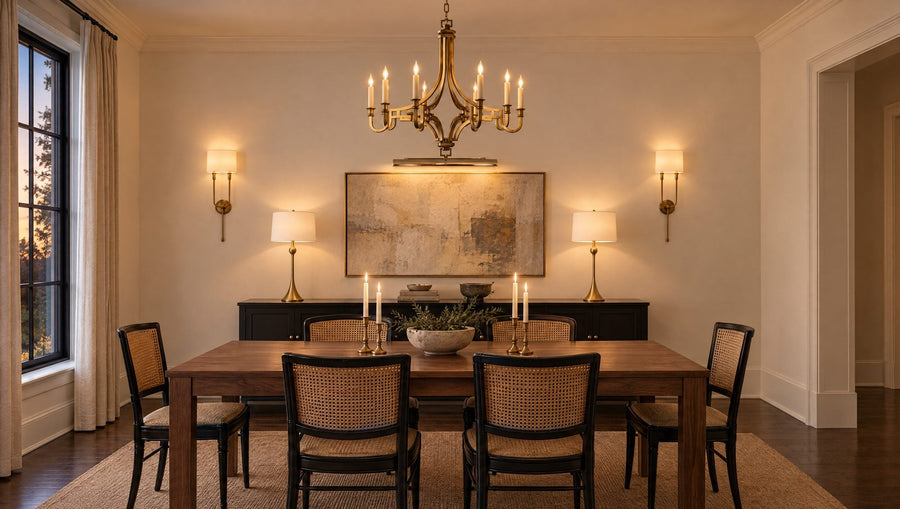 Modern dining room with a Chapman & Myers Mykonos brass chandelier over a walnut table, Hudson Valley Lourdes sconces, AERIN Dover buffet lamps in gild and an Alexa Hampton Dean picture light