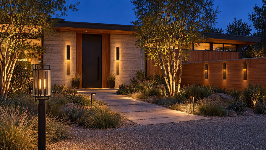 Modern concrete and cedar home at dusk with shielded wall lights at the pivot door, folded bronze sconces on a garden wall, uplit trees, path lights, and an iron post lantern