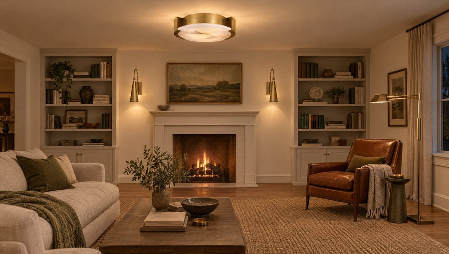 Low-ceilinged den with a Kelly Wearstler Melange alabaster flush mount, slim brass Alva sconces flanking the fireplace and a brass swing-arm floor lamp by a reading chair
