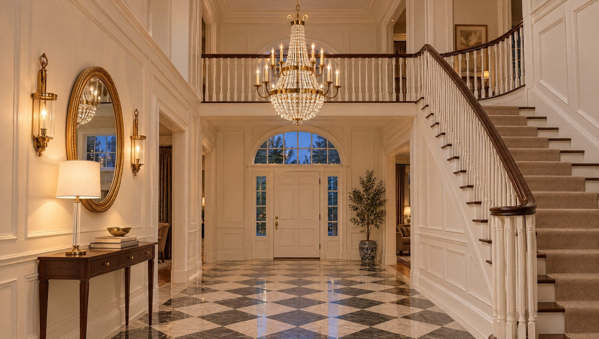 Two-story foyer with an antique brass seeded-glass chandelier hung level with the landing, brass hurricane sconces flanking a console mirror, and a crystal buffet lamp on the console