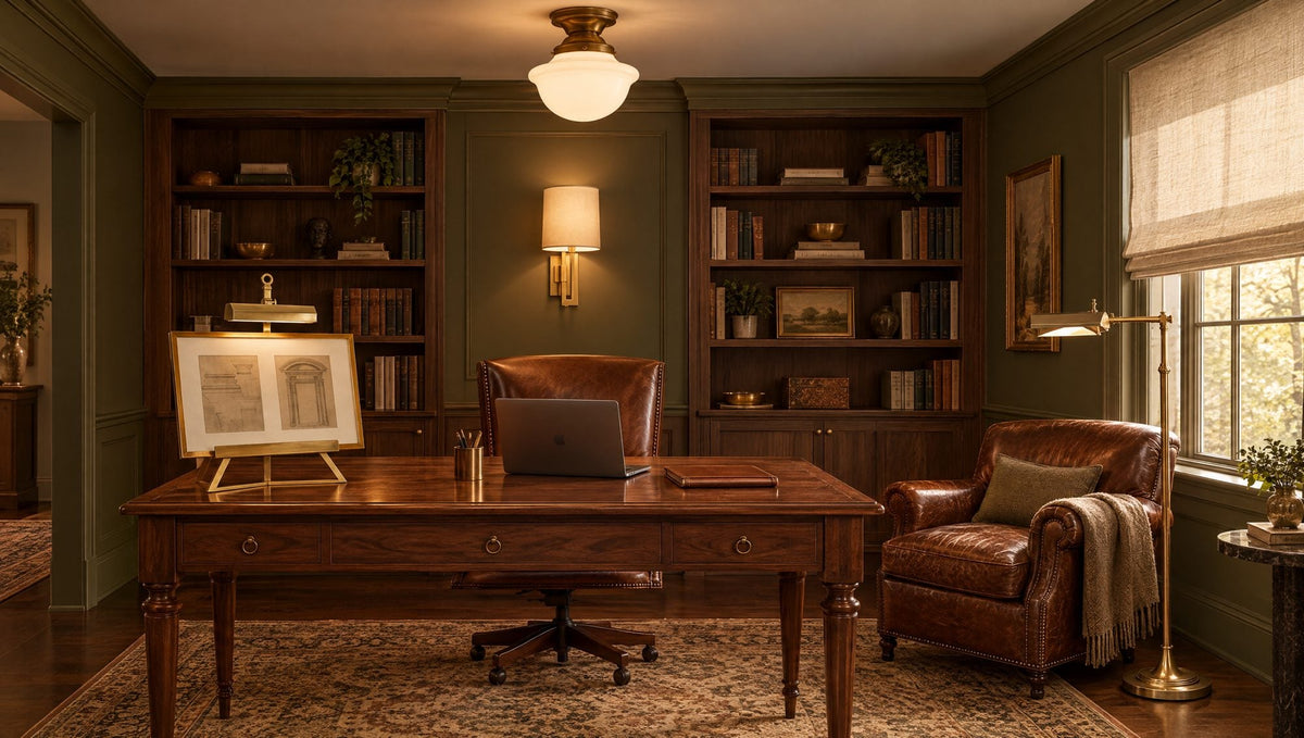 Home office with olive-green walls and walnut desk lit by a natural brass Alexa Hampton Estelle desk lamp, a Barbara Barry Aspect library sconce, a Chapman & Myers Edmond flush mount ceiling light and a Dorchester swing-arm floor lamp