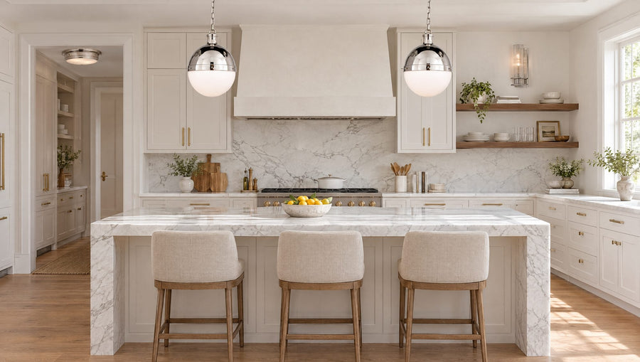 Transitional white kitchen with two polished nickel and white glass Hicks pendants over a marble island, a nickel wall sconce above open shelving and a flush mount in the pantry
