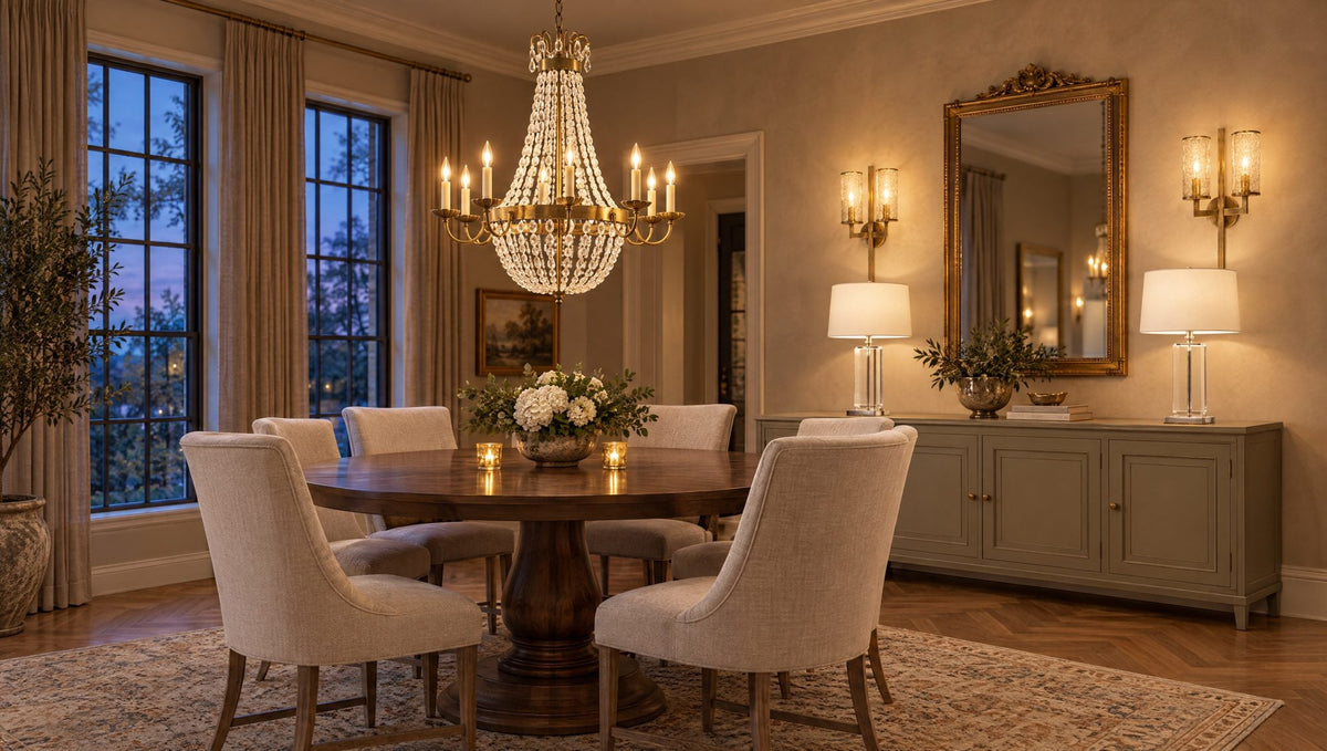 Traditional dining room with an antique brass Paris Flea Market chandelier over a round walnut table, brass double sconces and crystal table lamps on the sideboard