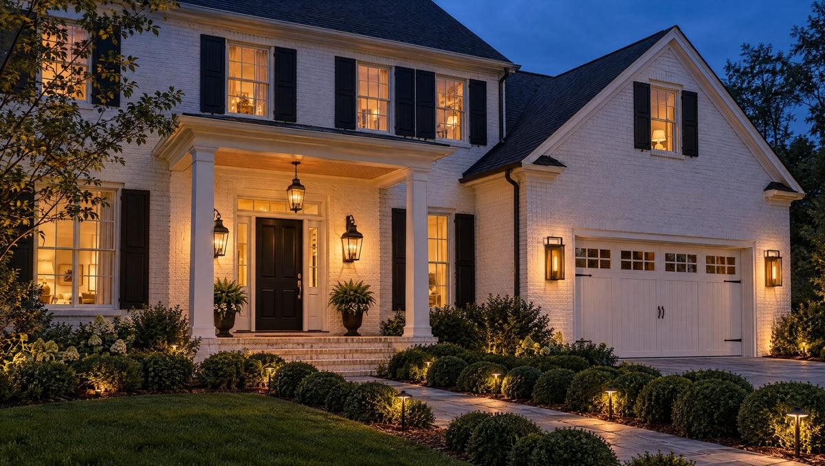 White brick house at dusk with rust-iron bracketed lanterns flanking the front door, a matching hanging porch lantern, and aged-iron wall lanterns at the garage