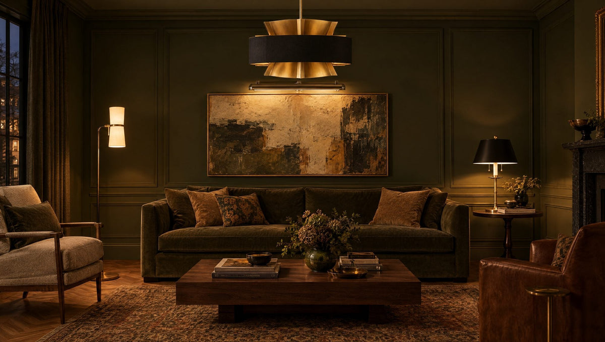 Layered living room with a Currey Oxenwood brass and black chandelier, AERIN Clarkson floor lamp, Dorchester club table lamp and a Dean picture light over artwork