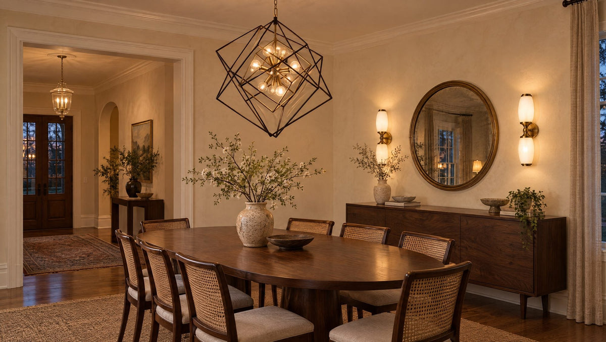 Transitional dining room with a Hudson Valley Roundout aged brass chandelier over a walnut table, Brooke brass sconces flanking a mirror and a Hanover glass pendant in the entry beyond