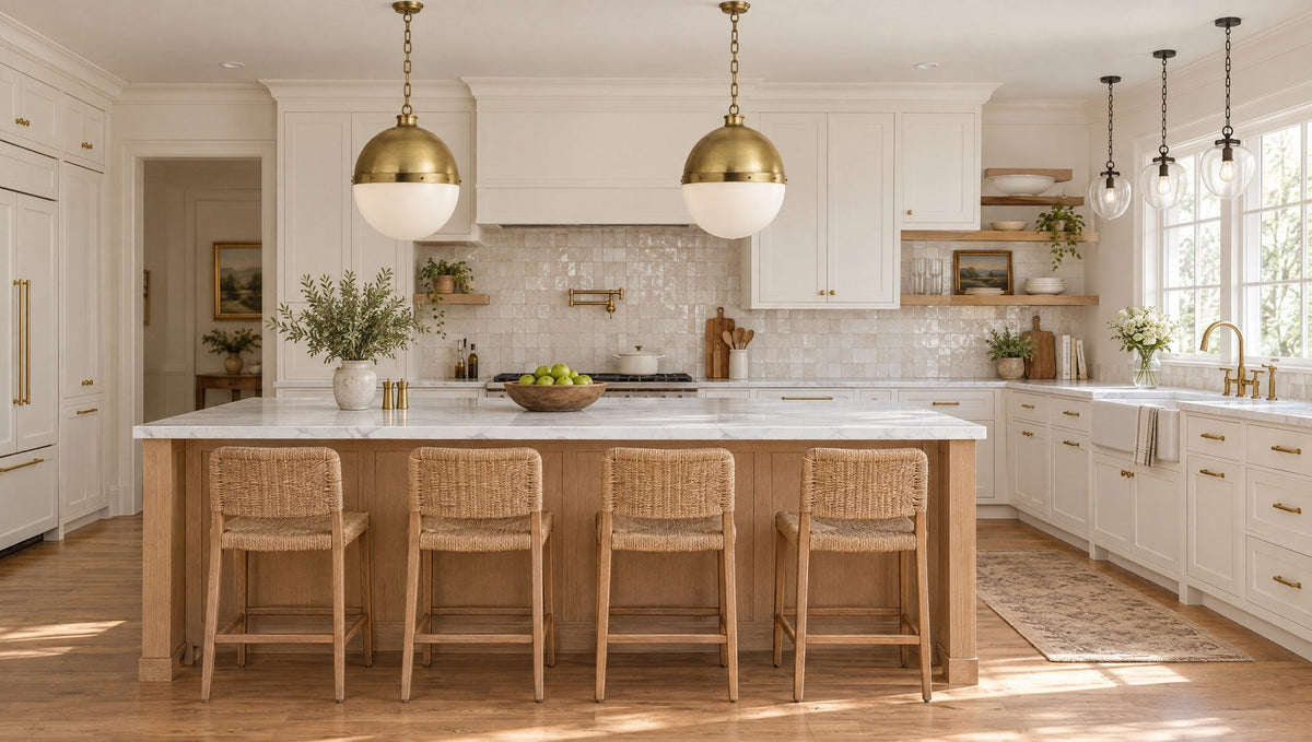 Transitional kitchen with two Thomas O'Brien Hicks brass and white glass pendants over a marble island and three Katie bronze acorn pendants over the sink