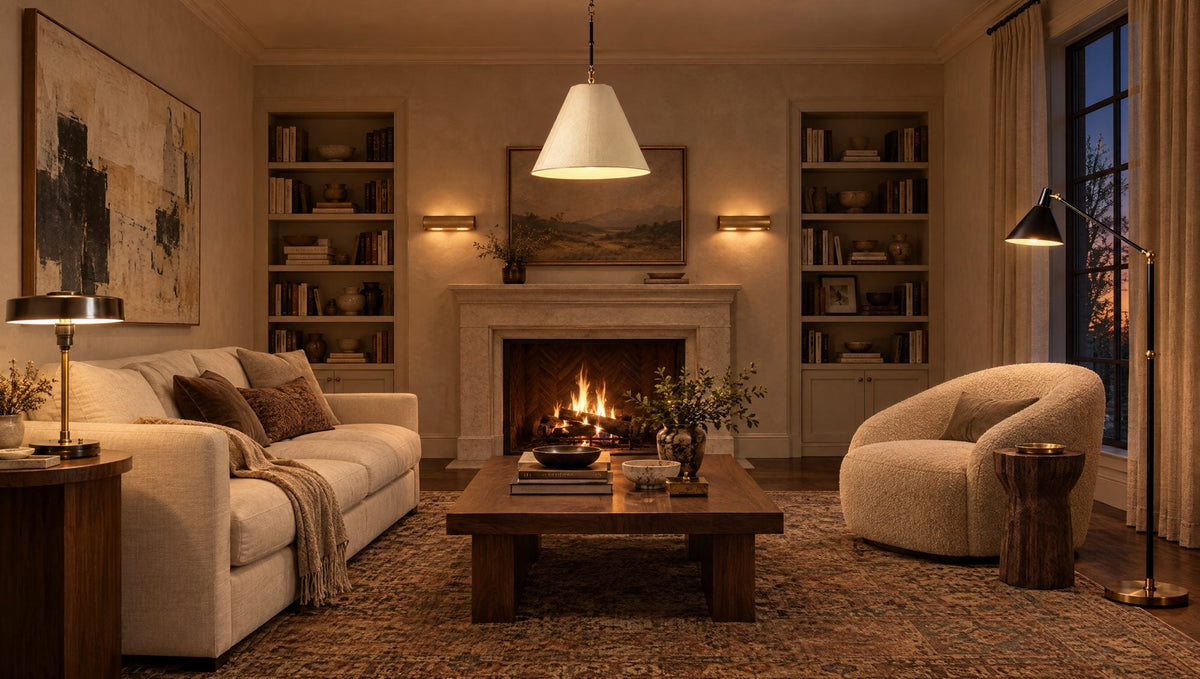 Designer living room lit by a Thomas O'Brien Goodman hanging light, Carlo table lamp, AERIN Charlton floor lamp and Hudson Valley Accord sconces flanking the fireplace