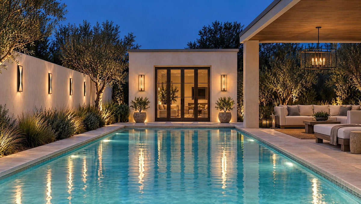 Modern pool terrace at dusk with ribbed-glass bronze sconces flanking a plaster pool house, frosted-glass sconces on the garden wall, and an iron hanging lantern in the cabana
