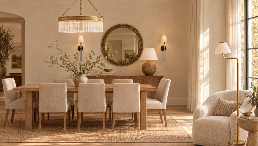 Modern organic dining room with a Marie Flanigan Menil soft brass crystal-rod chandelier over an oak table, Abigail bronze sconces flanking a mirror, an Avedon rattan table lamp and a Rigby brass and oak floor lamp