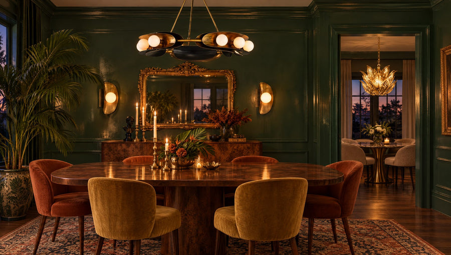 Eclectic green dining room with a Martyn Lawrence Bullard Hopper vintage brass chandelier for Corbett, Hopper sconces flanking a gilded mirror, and a Tropicale gold leaf chandelier in the breakfast room