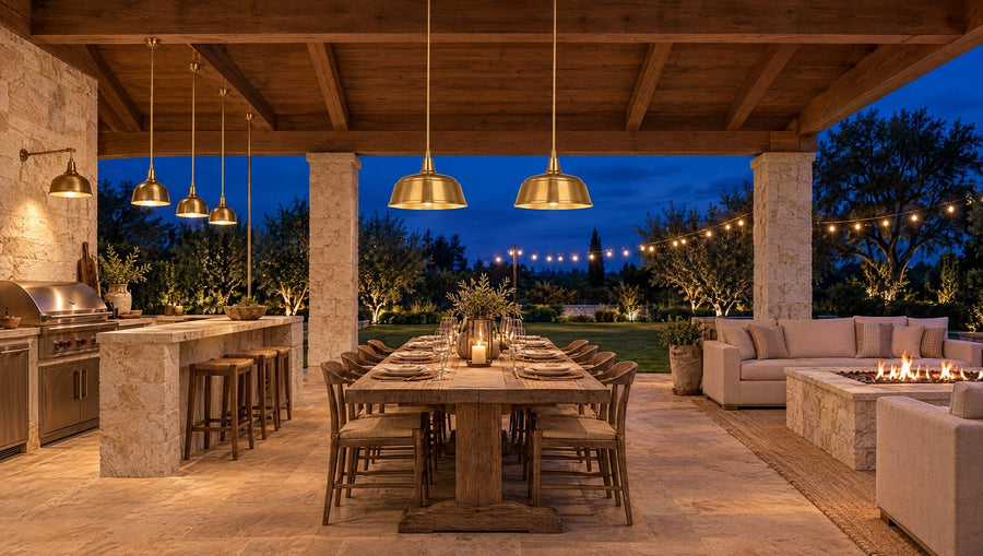 Outdoor kitchen and dining pavilion at dusk with brass pendants over the counter and farm table, a brass barn light by the grill, and bracketed sconces by the fire pit lounge