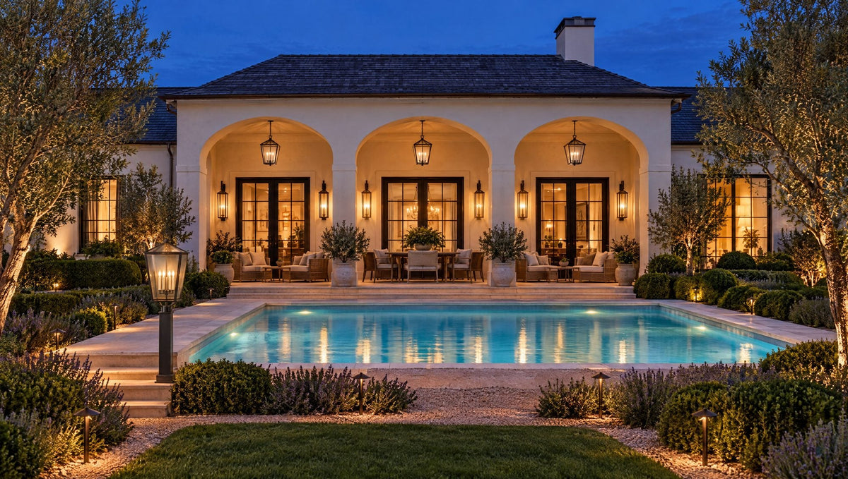 Resort-style backyard at dusk with bronze hanging lanterns in a stucco loggia, bracketed wall lanterns at the doors, a glowing pool, and a bronze post light at the steps
