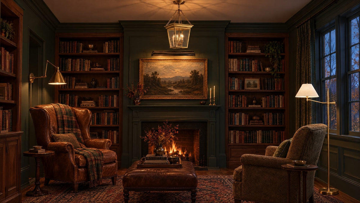Moody fall home library with green walls, walnut bookshelves, a brass lantern, a brass double-arm library wall light over a leather wing chair, a bronze picture light above the mantel and a brass bridge-arm floor lamp