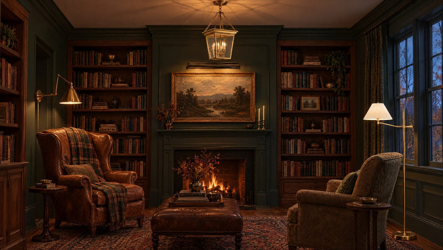 Moody fall home library with green walls, walnut bookshelves, a brass lantern, a brass double-arm library wall light over a leather wing chair, a bronze picture light above the mantel and a brass bridge-arm floor lamp