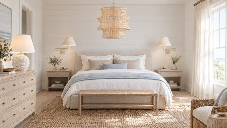 Luxury coastal bedroom with a Currey Phebe rattan chandelier over a linen bed, white Visual Comfort swing-arm wall lamps and a Marie Flanigan Avedon plaster white rattan table lamp