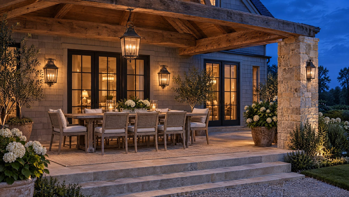 Covered limestone patio at dusk with a rust-iron hanging lantern over a teak dining table, matching wall sconces flanking French doors, and a post light at the garden steps