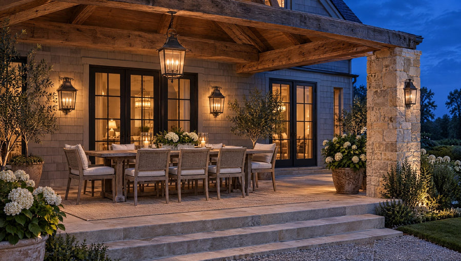 Covered limestone patio at dusk with a rust-iron hanging lantern over a teak dining table, matching wall sconces flanking French doors, and a post light at the garden steps