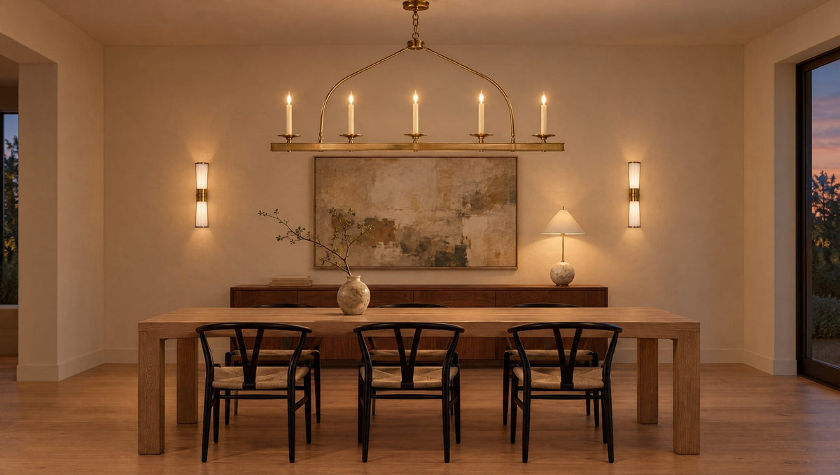 Minimalist dining room with a Chapman & Myers Launceton brass linear pendant over an oak table, Carew linear sconces flanking art and a Kelly Wearstler Cleo orb accent lamp on the sideboard