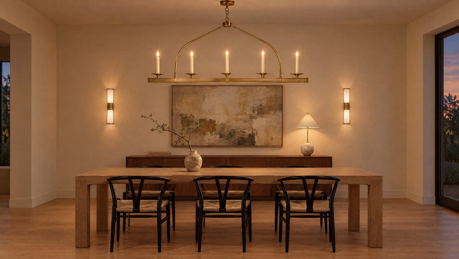 Minimalist dining room with a Chapman & Myers Launceton brass linear pendant over an oak table, Carew linear sconces flanking art and a Kelly Wearstler Cleo orb accent lamp on the sideboard
