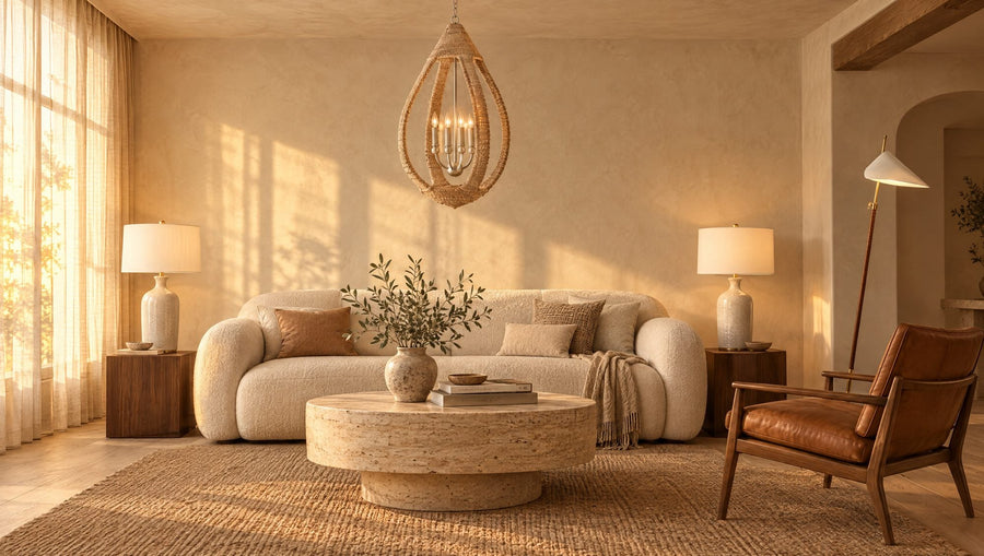 Modern organic living room with a natural rope chandelier over a travertine coffee table, bone ceramic table lamps with linen shades, and an arching antique brass floor lamp