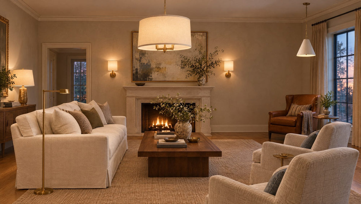 Transitional living room with a Barbara Barry Westport brass linen hanging shade over the coffee table, a Thomas O'Brien Goodman pendant over a reading chair, and French Cuff sconces flanking the fireplace
