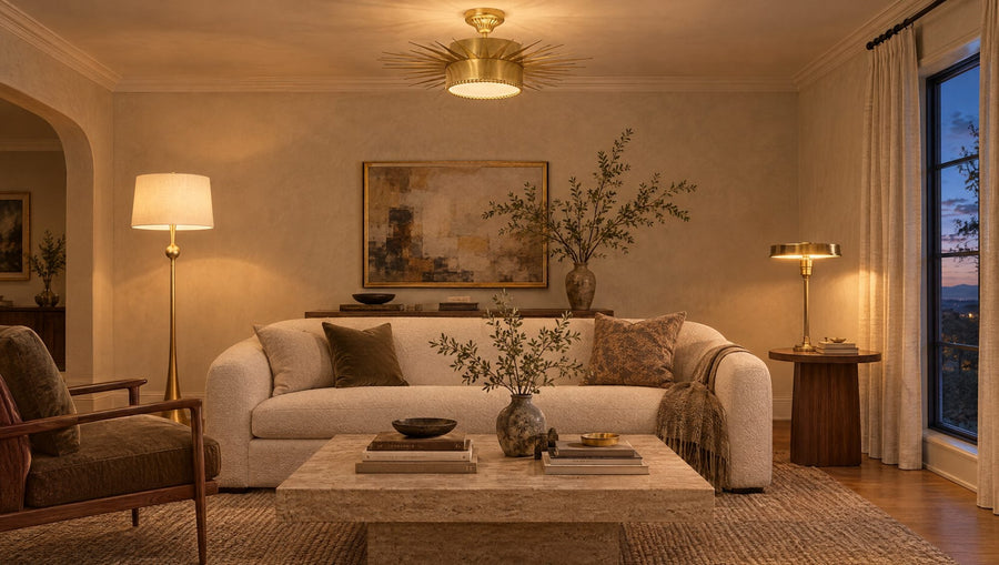 Warm 2700K living room with a brass Soleil semi-flush ceiling light, gilded AERIN Dover floor lamp and brass Carlo table lamp beside a cream sofa