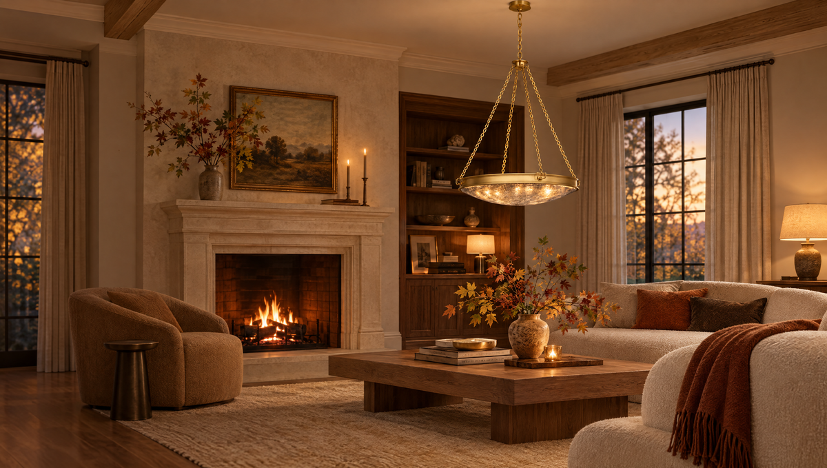Living room with a Marie Flanigan chandelier